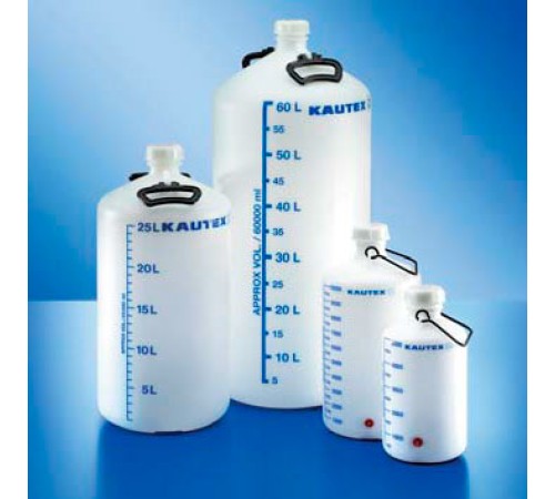 Бутыль Kautex толстостенная 25 л, HDPE, круглая, с синей градуировкой, Ø 50 мм, естественный цвет, с ручками и крышкой, с резьбовым соединением Бутыль Kautex толстостенная 25 л, HDPE, круглая, с синей градуировкой, Ø 50 мм, естественный цвет, с ручками и крышкой, с резьбовым соединением