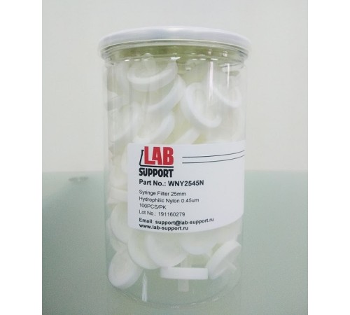 Nylon, WS 0.45 мкм, 25 мм, шприцевые фильтры, белые, 100 шт/уп, Lab-Support, Китай Nylon, WS 0.45 мкм, 25 мм, шприцевые фильтры, белые, 100 шт/уп, Lab-Support, Китай